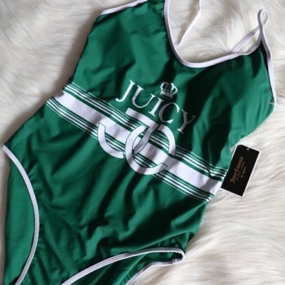NWT Juicy Couture One Piece Bathing Suit Size Small Green White Hipster - Picture 5 of 8